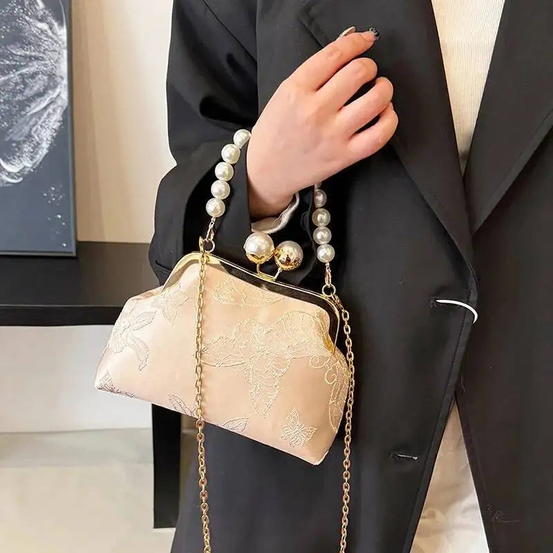 Bolso de mano bordado de estilo bohemio para mujer, bolsos de hombro con patrón floral, elegante bolso con correa de cadena y asa de metal, cartera de regalo