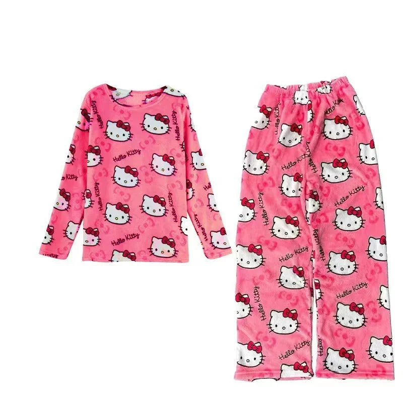 Conjunto de pijamas de Hello Kitty de invierno, pantalones de franela, traje de pijama de dibujos animados Kawaii, pantalones gruesos cálidos para mujer, ropa de casa de felpa, ropa de dormir bonita