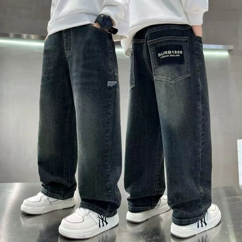 Pantalones vaqueros para niños adolescentes, pantalones vaqueros con letras a la moda para primavera y otoño, pantalones rectos sueltos informales para niños de 4 a 14 años