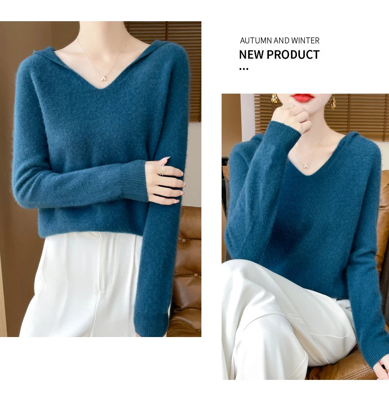 Ropa de Otoño Invierno para mujer, jersey con cuello con capucha, suéter de lana merina de 100%, Tops de Cachemira a la moda, prendas de punto suaves