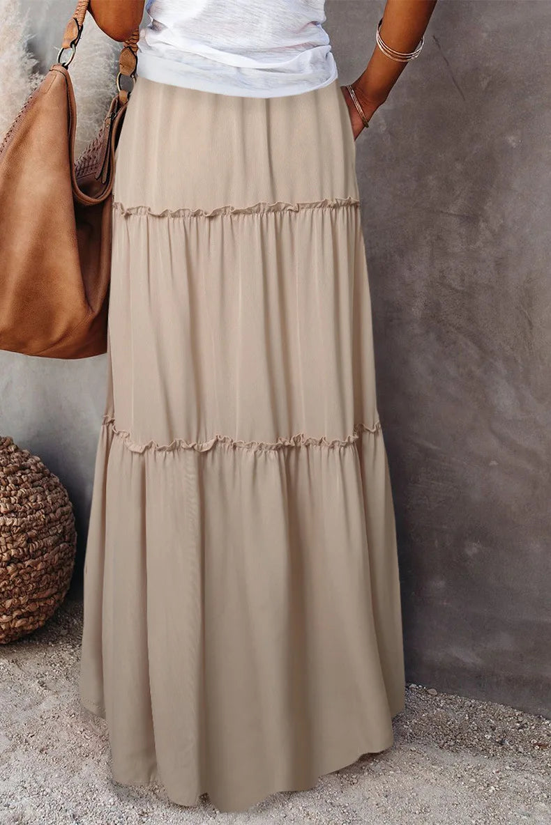 Falda larga de Color liso para mujer, falda en capas de seta de moda, falda elástica de cintura alta con volantes, primavera y otoño, nueva