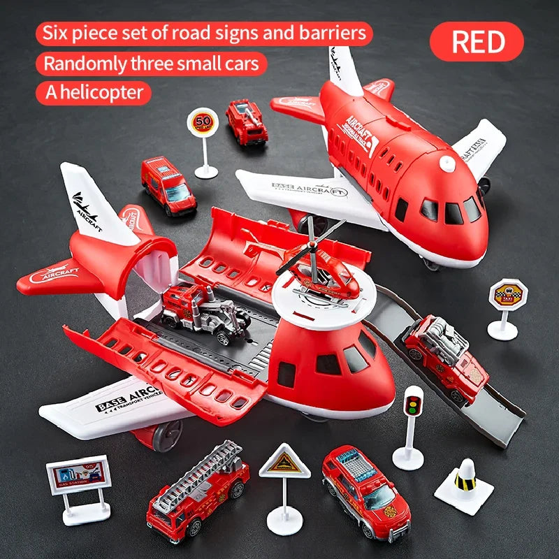 Modelo de avión para niños, juguetes, modelo inercial, aviones de simulación, juguetes multifuncionales, 3 coches aleatorios, 1 helicóptero, 6 señales de tráfico