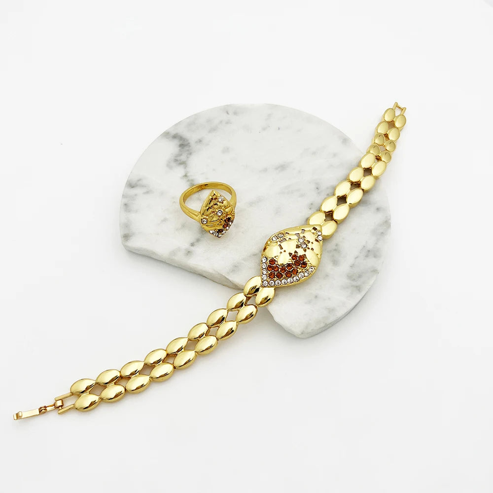 Conjuntos de joyas de calidad para mujer, diseño de lujo, collar de Color dorado, pendientes, anillo, pulsera, regalo de fiesta de boda