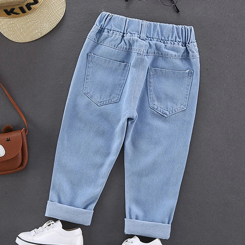 Primavera otoño niños Jeans niños algodón estampado empalme pantalones vaqueros elásticos pantalones coreanos para adolescentes ropa para niños DenimRipped