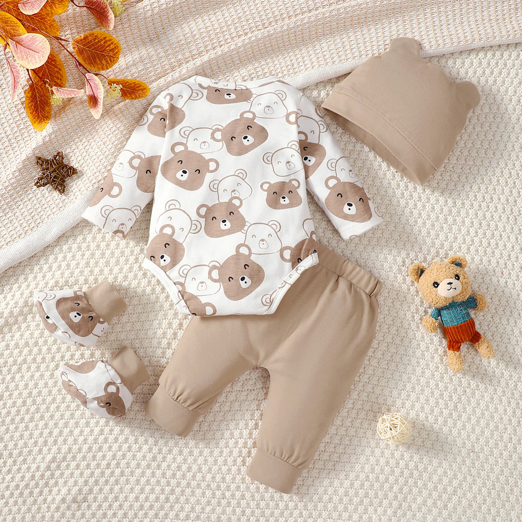 Conjunto de bebé de 0 a 9 meses, mono de manga larga de osito, pantalones, sombrero y calcetines, 4 unidades/juego, ropa de primavera y otoño para bebé recién nacido