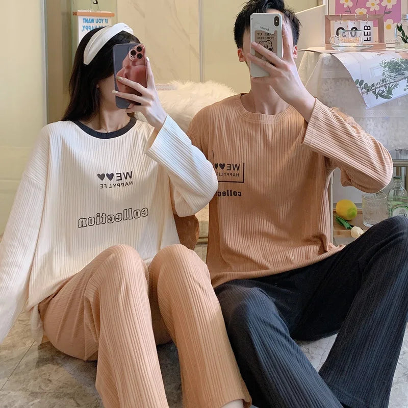 Conjunto de Pijama de algodón para mujer y hombre, ropa de dormir con dibujos animados, Top, pantalón, ropa de ocio, para otoño y primavera, M-3XL