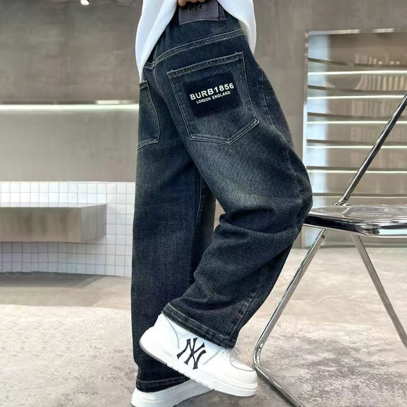 Pantalones vaqueros para niños adolescentes, pantalones vaqueros con letras a la moda para primavera y otoño, pantalones rectos sueltos informales para niños de 4 a 14 años