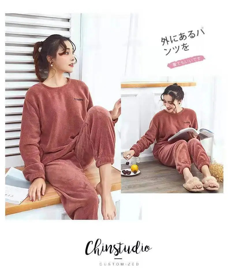 Pijamas de invierno de franela cálida para mujer, ropa de ocio gruesa, conjunto de pijamas lisos de manga larga de terciopelo Coral sencillo, 2025-26