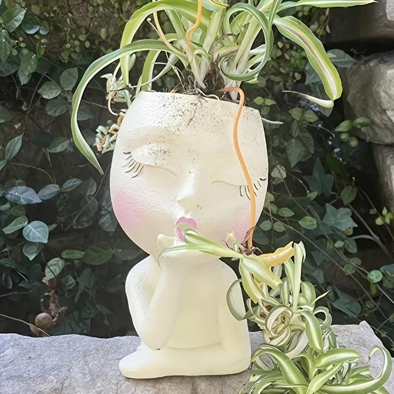 Muñeca creativa de jardinería, adornos de resina, maceta suculenta, planta verde, maceta con forma de cabeza humana