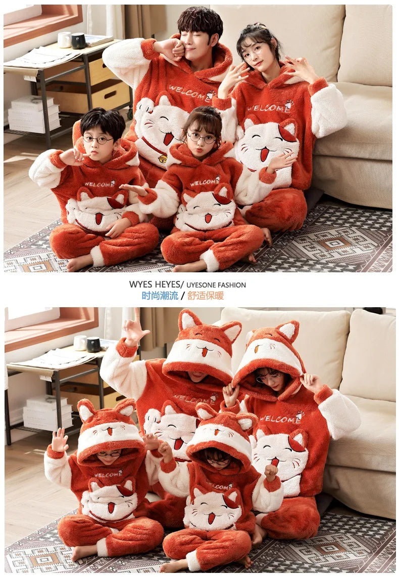 Pijamas gruesos de invierno para padres e hijos, ropa de dormir para mujeres y hombres, trajes para niños, conjuntos de Pijamas, ropa de ocio de gato de dibujos animados
