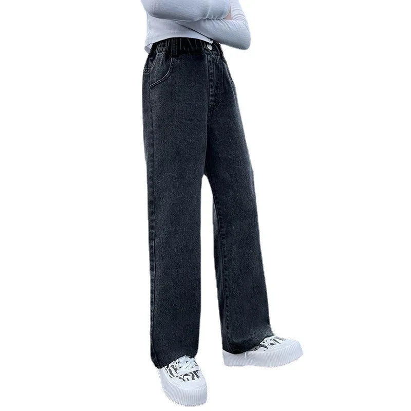 Pantalones vaqueros para chicas adolescentes 2025, moda informal para primavera y otoño, pantalones anchos de pierna azul holgado para niños, pantalones escolares para niños de 6, 8, 10 y 12 años