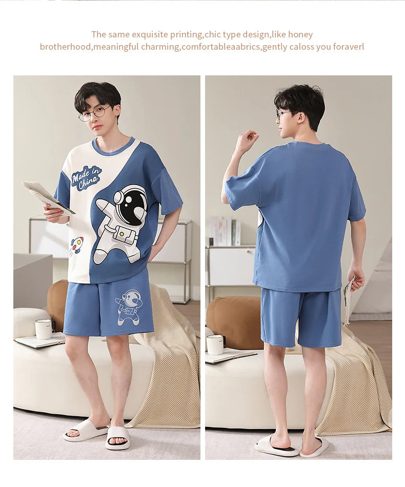 Pijamas para hombre y adolescente, pantalones cortos de algodón de manga corta con dibujos de astronauta, conjunto de ropa de descanso para estudiantes de secundaria, pijama para hombre, envío directo