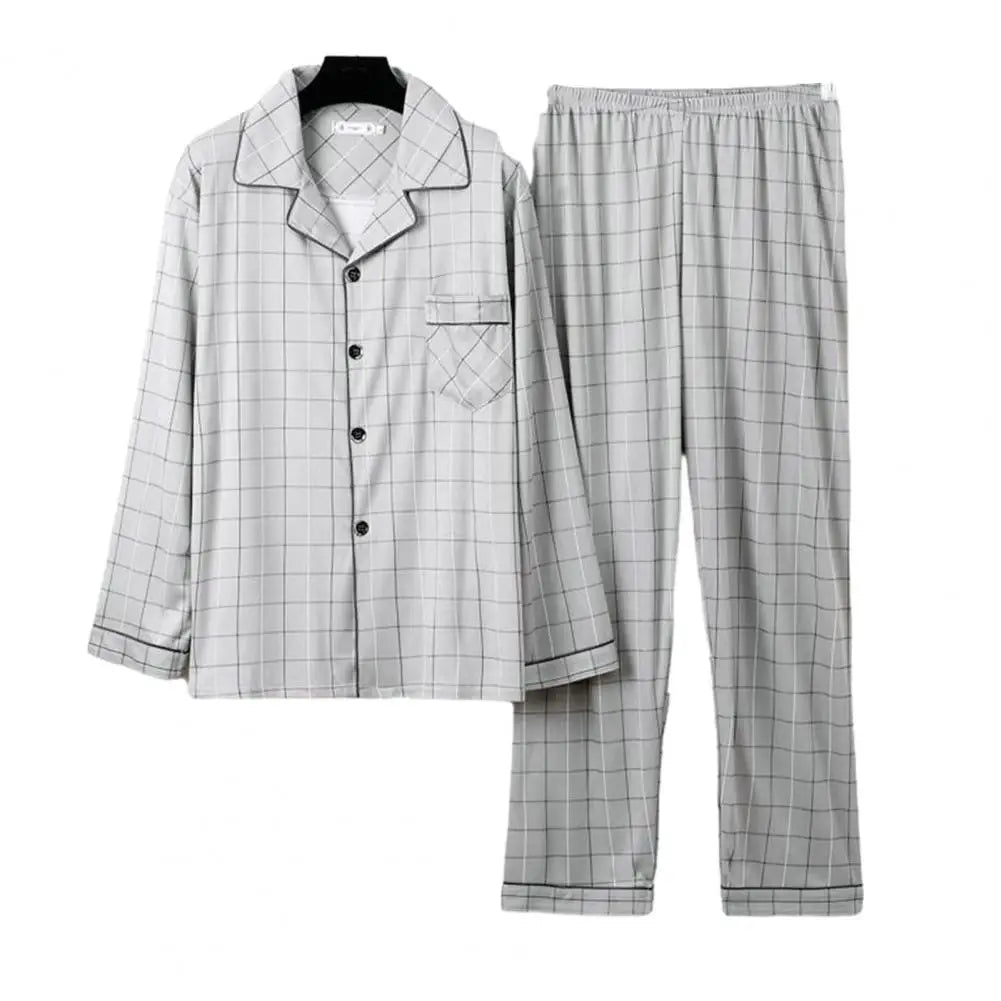 Pijamas acogedores de poliéster para hombre, conjunto de pijamas de otoño e invierno con estampado a cuadros a rayas, solapa a juego, manga larga de un solo pecho