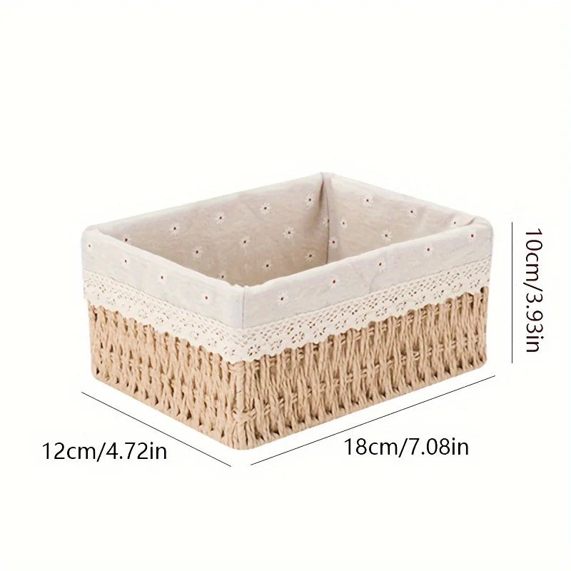 Cesta de almacenamiento de ratán hecha a mano, cesta de almacenamiento de escritorio de ratán con forro de encaje extraíble, adecuada para almacenamiento de cosméticos, 1 ud.