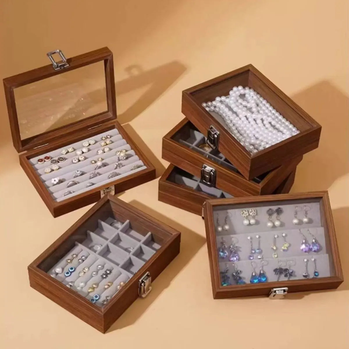 1 unidad, caja de almacenamiento de joyería Vintage, joyero cubierto, caja de anillos, pendientes, pulseras, collares, caja de presentación de madera maciza