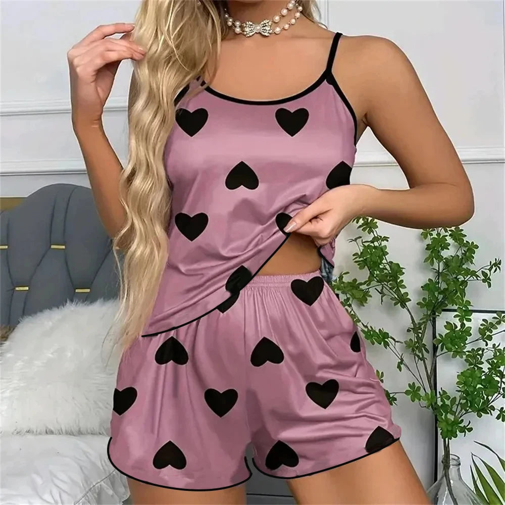 Conjunto de pijama para mujer, camisetas, pantalones cortos, camiseta rosa con estampado en forma de corazón y cuello redondo, Top de seda helada, cómodo e informal de verano ﻿