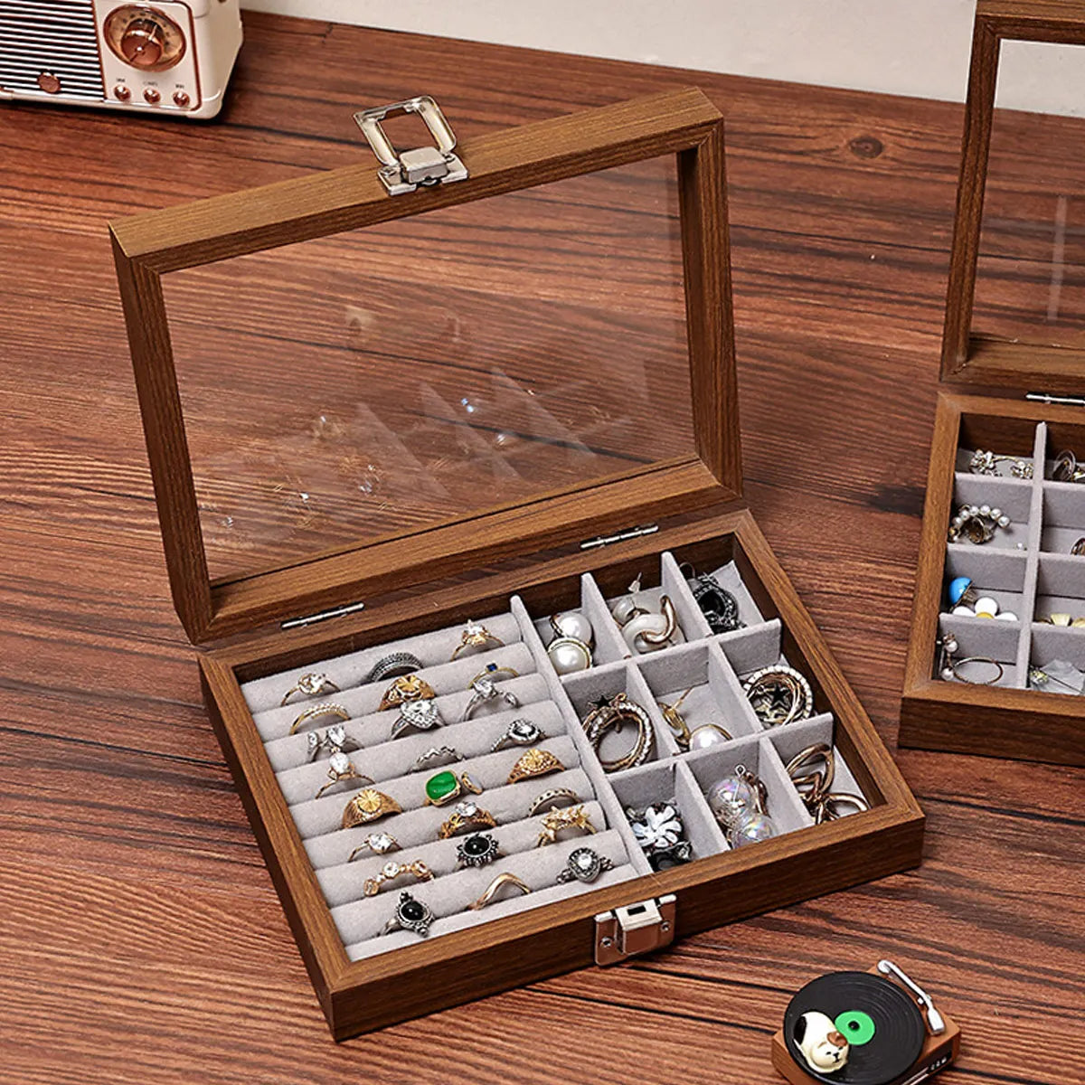 1 unidad, caja de almacenamiento de joyería Vintage, joyero cubierto, caja de anillos, pendientes, pulseras, collares, caja de presentación de madera maciza