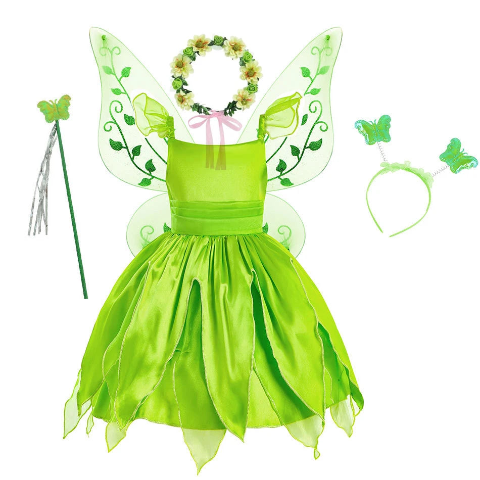 Vestido de Hada de las flores para niñas, vestido de princesa con alas, disfraz de princesa de Halloween, fiesta de elfos, Tinkerbell, vestido de campanilla