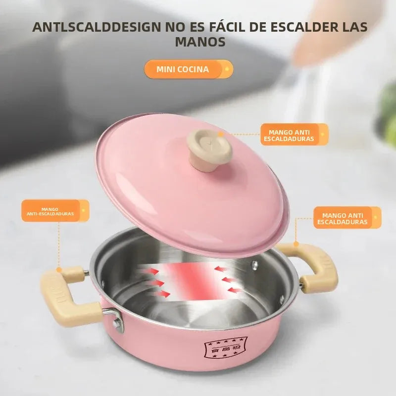 Juego de utensilios de cocina para niños, accesorios de cocina, ollas de madera y acero inoxidable con comida, regalo para niños