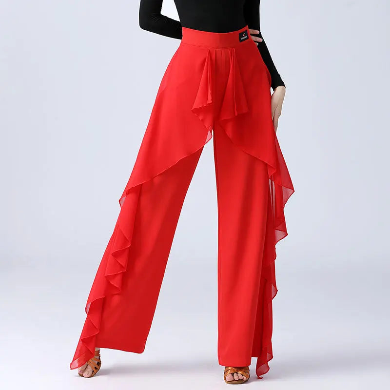 Pantalones de baile latino para mujer, pantalones anchos con volantes de cintura alta para baile moderno, pantalones de salón Tango Samba, traje de práctica de actuación