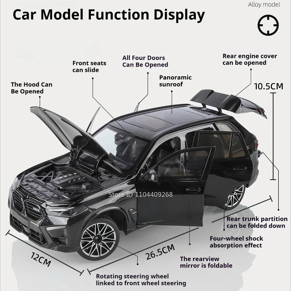 Modelo de coche X5M de gran tamaño 1:18, cuerpo de aleación de juguete, neumáticos de goma, tobogán hacia adelante, absorción de impacto, modelos de vehículos, adornos de escritorio