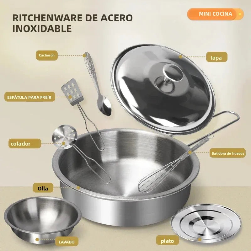 Juego de utensilios de cocina para niños, accesorios de cocina, ollas de madera y acero inoxidable con comida, regalo para niños