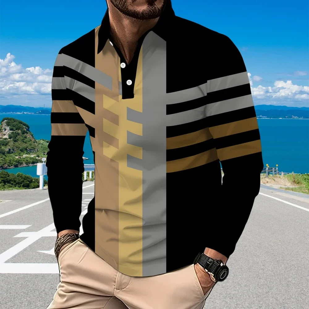 Ropa de golf para hombre con estampado de rayas negras a la moda, polo con botones y cuello blanco, ropa para hombre, solapa de oficina de manga larga para hombre
