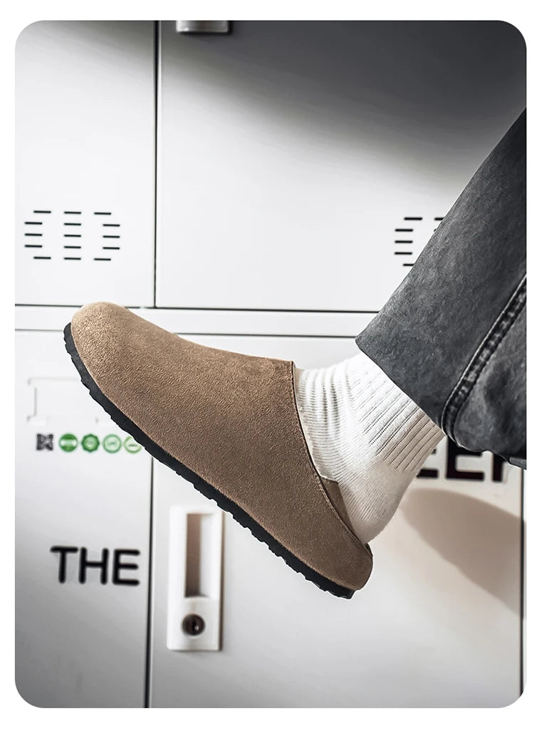 2025 zuecos de moda, zapatillas para hombre, zapatillas planas informales para exteriores, cómodas zapatillas de gamuza de suela gruesa, zapatos de playa antideslizantes para mujer