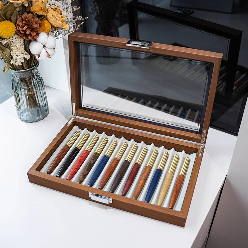 Caja de almacenamiento para bolígrafos de 12 rejillas, textura de nogal de gran capacidad, vitrina transparente, estante organizador coleccionable