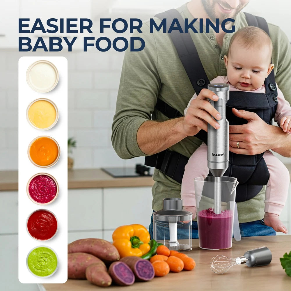 Batidora de inmersión manual potente de 1000W 4 en 1, batidora de alimentos con varilla de acero inoxidable, vaso mezclador de 700ml, procesador de 500ml, batidor