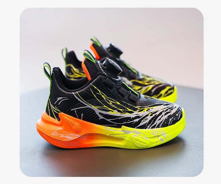 Zapatillas de deporte para estudiantes, bonitos zapatos para correr con grafiti para niños, botón giratorio, otoño 2025, nuevos zapatos de baloncesto para niños, fondo suave