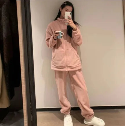 Conjunto de Pijamas de invierno para mujer, ropa de dormir cálida de lana de Coral, traje de pantalón con bolsillo, franela gruesa suelta, cuello alto, ropa de casa