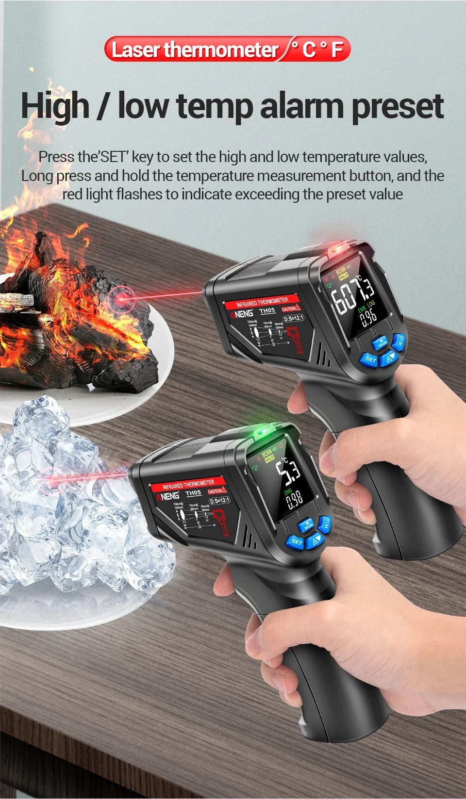Termómetro Infrarrojo Digital Sin Contacto -20~650 ℃   ANENG TH05 IR láser Termometro pirómetro pistola láser medidor de temperatura herramientas