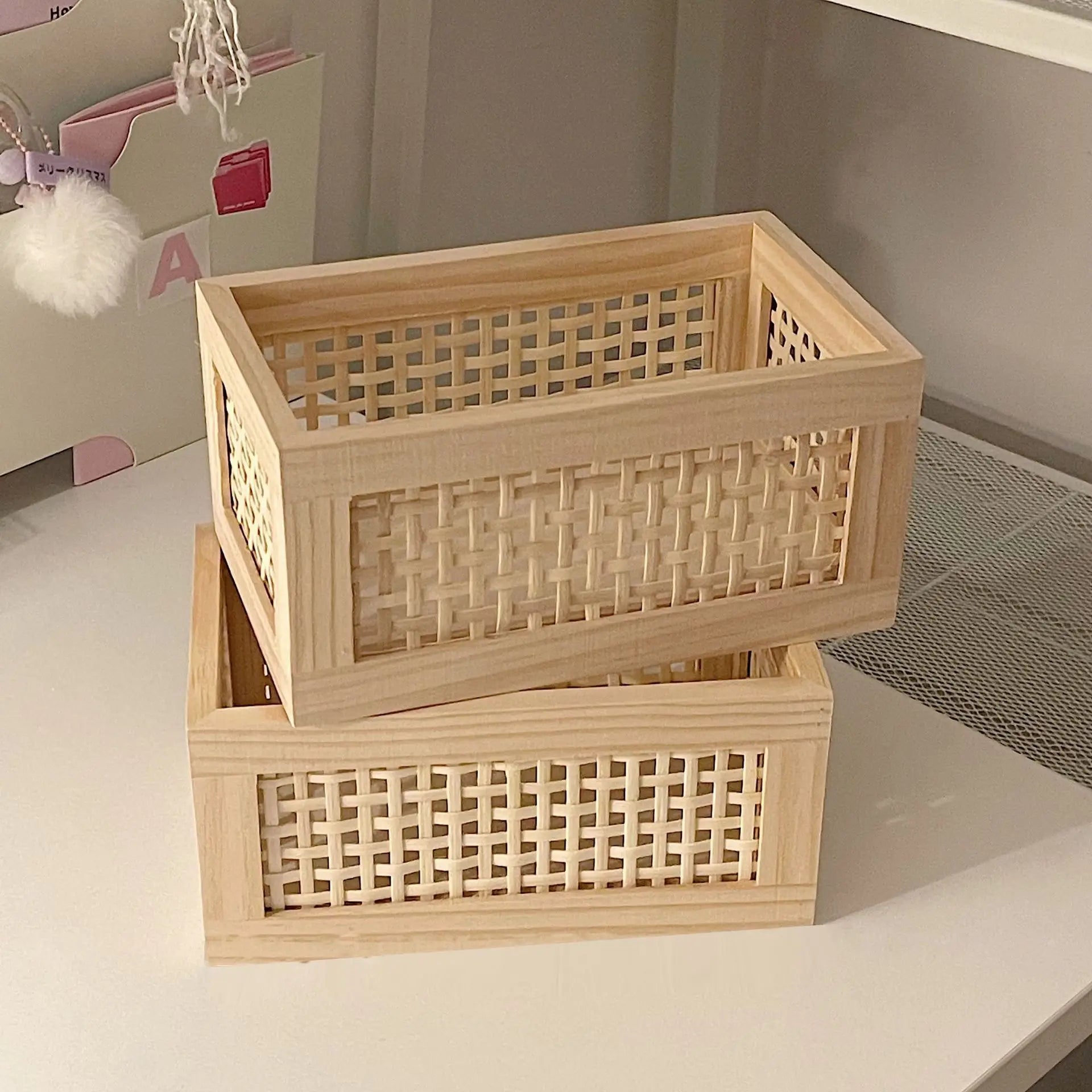 Caja de almacenamiento organizadora de ratán Retro, estilo japonés INS, cosméticos de escritorio, aperitivos, varios, tienda tejida de bambú Vintage