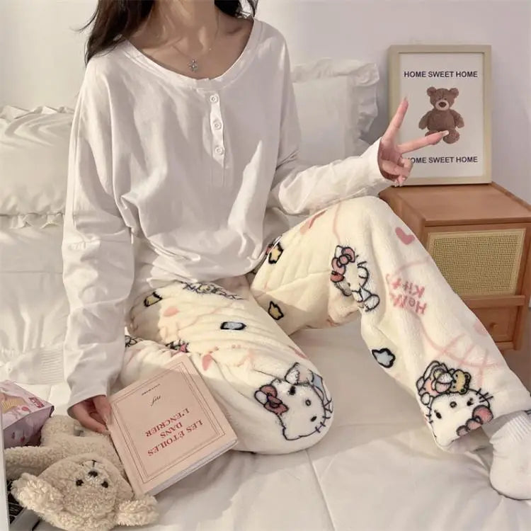 Pantalones de pijamas de franela de invierno para mujer, pantalones de felpa de Hello Kitty Sanrio Kawaii, pantalones cálidos de terciopelo Coral grueso para dormir, pantalones de casa