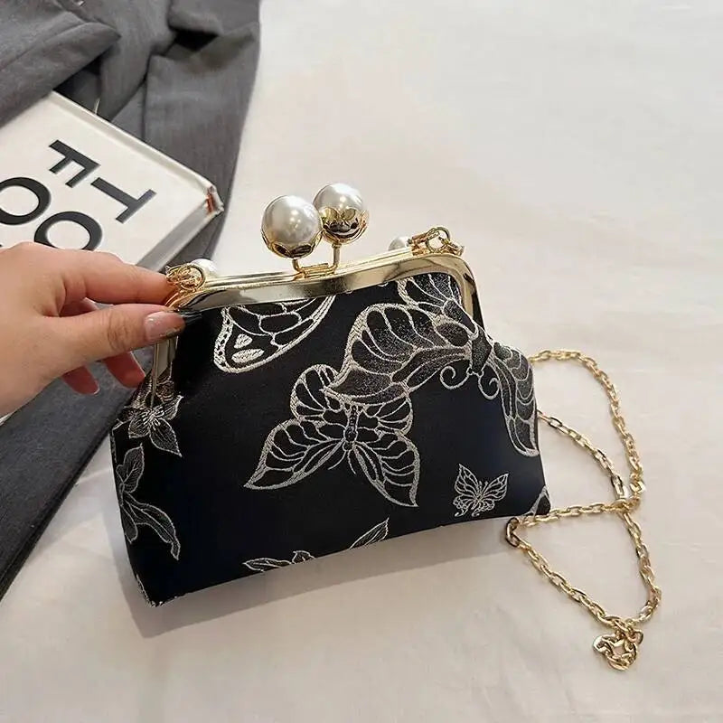 Bolso de mano bordado de estilo bohemio para mujer, bolsos de hombro con patrón floral, elegante bolso con correa de cadena y asa de metal, cartera de regalo
