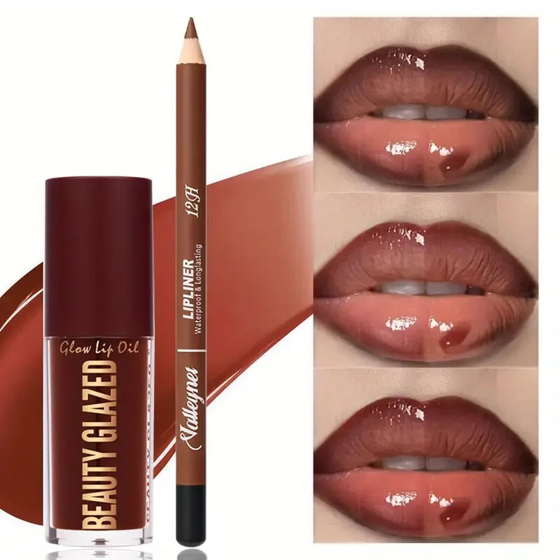 2 unids/set de maquillaje: delineador de labios mate + aceite labial hidratante de color, duradero y fácil de colorear, resistente al agua, mini combo de maquillaje