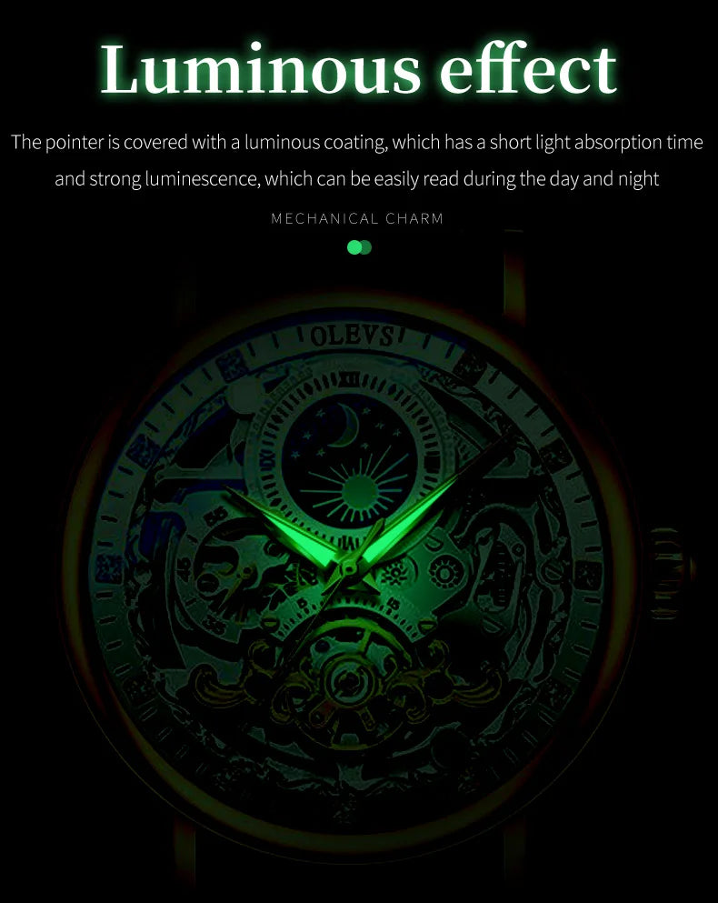 OLEVS Relojes de esqueleto, reloj mecánico automático para Hombre, reloj deportivo Tourbillon, reloj de pulsera informal de negocios con forma de Luna, Relojes para Hombre