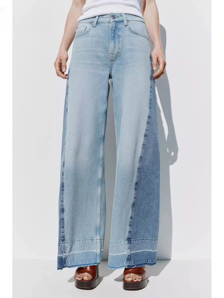 2025 Ropa Y2K moda contraste Patchwork Vintage azul pantalones vaqueros holgados para mujer Ropa recta señora elegante pantalones vaqueros