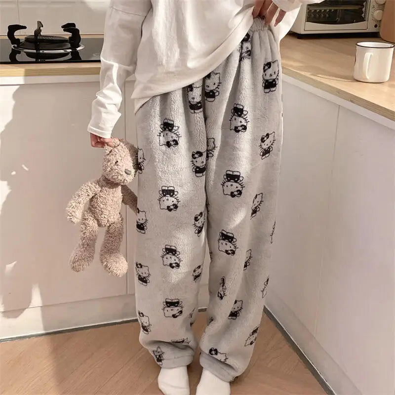 Pantalones de pijamas de franela de invierno para mujer, pantalones de felpa de Hello Kitty Sanrio Kawaii, pantalones cálidos de terciopelo Coral grueso para dormir, pantalones de casa