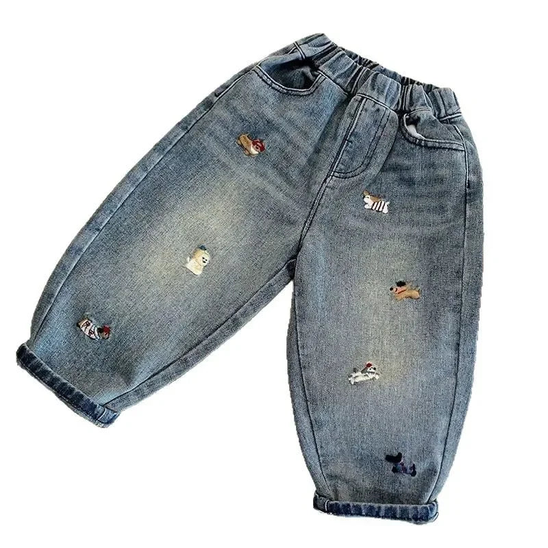 Pantalones vaqueros de primavera para niños y niñas, pantalones vaqueros bordados con dibujos de cachorros de 2 a 7 años, pantalones holgados con farol, pantalones vaqueros elegantes para niños