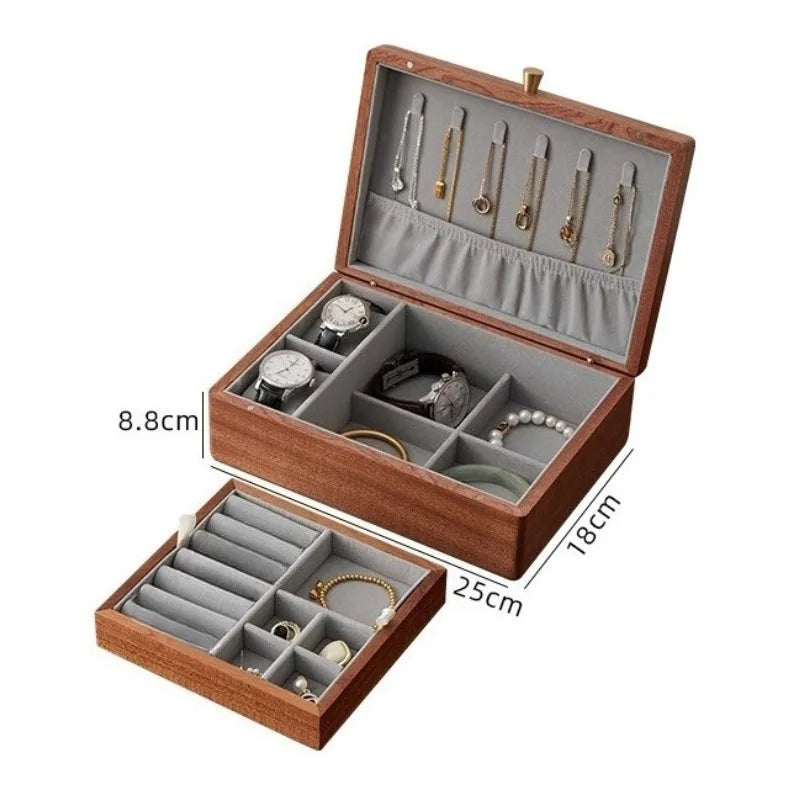 Caja de joyería de madera maciza, caja de joyería de gran capacidad, exquisitas cajas de joyería, collar, pendientes, anillos, pulsera, cajas de joyería