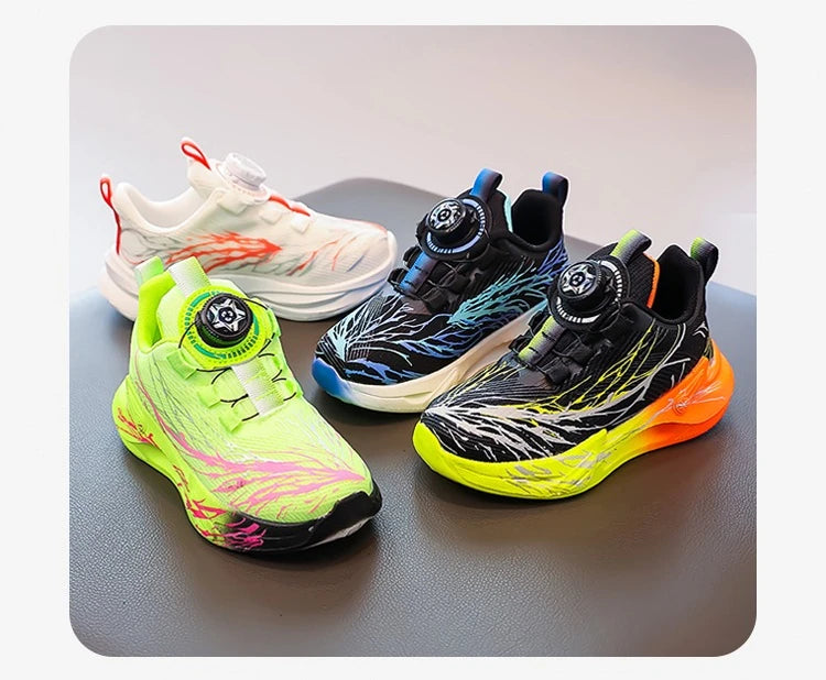 Zapatillas de deporte para estudiantes, bonitos zapatos para correr con grafiti para niños, botón giratorio, otoño 2025, nuevos zapatos de baloncesto para niños, fondo suave