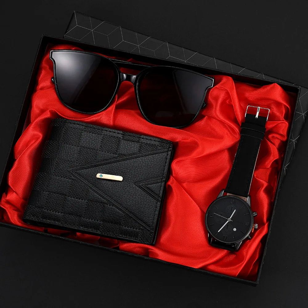 Relógio de movimento de cuarzo versátil masculino, gafas de sol bonito, carteira casual, presente perfecto para festa 3 peças
