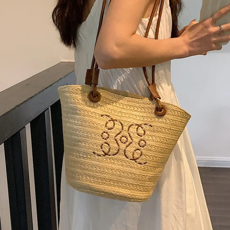 Bolso de hombro Retro a la moda, bolso de mano para mujer, bolso de diseñador de marca de lujo, bandolera de hombro de paja para mujer, bolsos de playa elegantes para mujer