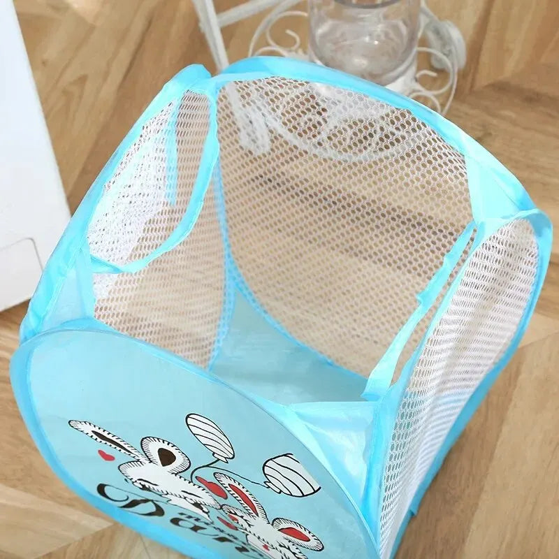 Cesta de lavandería plegable con estampado de dibujos animados, cesto de ropa sucia de malla de nailon, contenedor de almacenamiento, tela moderna Simple para organización del hogar