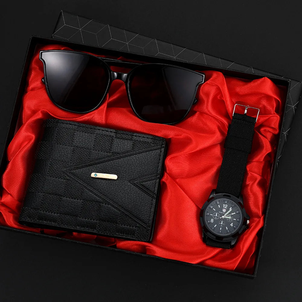 Relógio de movimento de cuarzo versátil masculino, gafas de sol bonito, carteira casual, presente perfecto para festa 3 peças