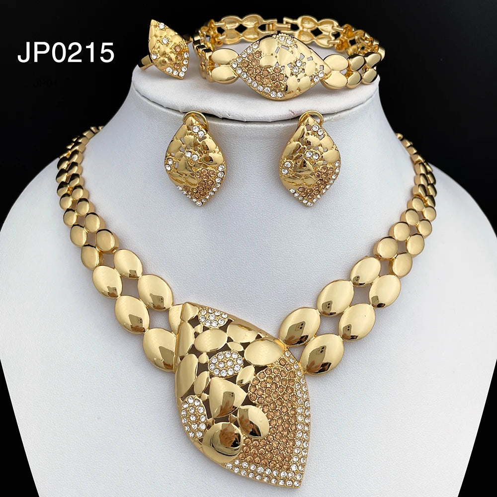 Conjuntos de joyas de calidad para mujer, diseño de lujo, collar de Color dorado, pendientes, anillo, pulsera, regalo de fiesta de boda