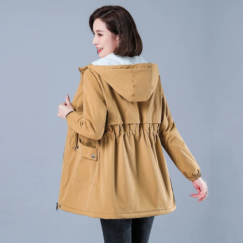 Chaqueta de invierno de algodón para mujer, abrigo acolchado cálido, Parkas informales con forro, gabardina con capucha de felpa, prendas de vestir, ropa para mujer