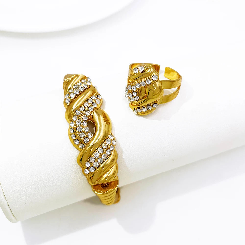 YTJX Juego de joyería de boda de 4 piezas, collar de circón fino, pulsera, pendiente, anillo para accesorios de joyería chapados en oro africano de Dubai